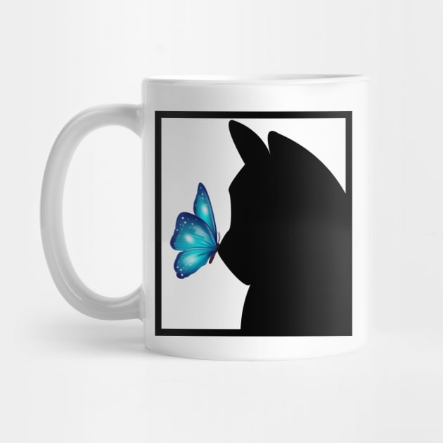 Blue Butterfly sitting on nose of Black Cat by Blue Butterfly Designs 